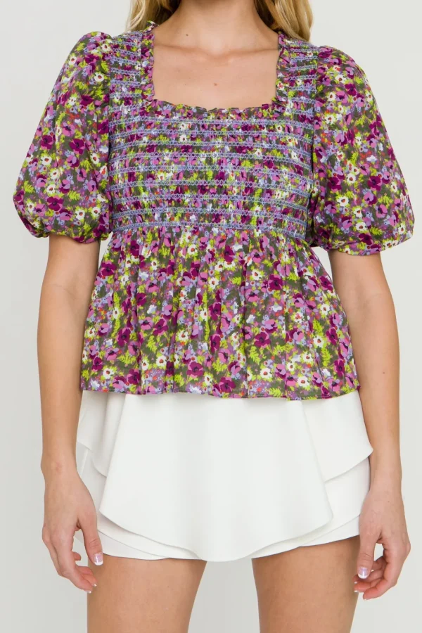 ENGLISH FACTORY Tops*- WOMEN WOVEN SQUARE NECK BLOUSE PURPLEMULTI