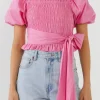 ENGLISH FACTORY Tops*- Women Woven Bow Tie Waist Blouse PINK