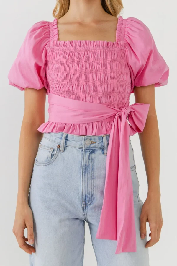 ENGLISH FACTORY Tops*- Women Woven Bow Tie Waist Blouse PINK