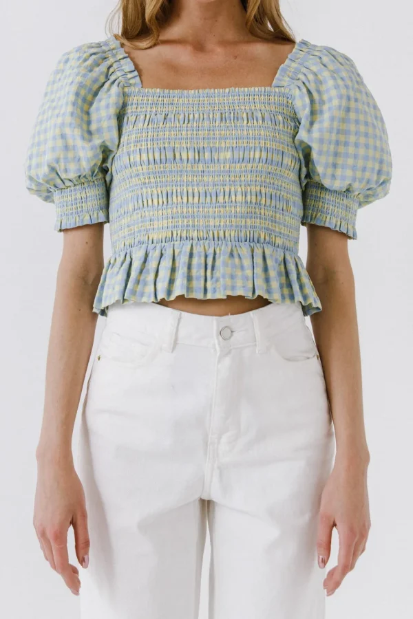 ENGLISH FACTORY Tops*- Women Woven Gingham Blouse BLUE/YELLOW