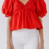 ENGLISH FACTORY Tops*- Women Woven Short Puff Sleeve Blouse