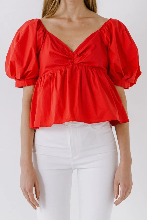 ENGLISH FACTORY Tops*- Women Woven Short Puff Sleeve Blouse