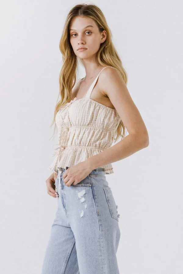 ENGLISH FACTORY Tops*- Women Woven Sleeveless Shirred Blouse BEIGE
