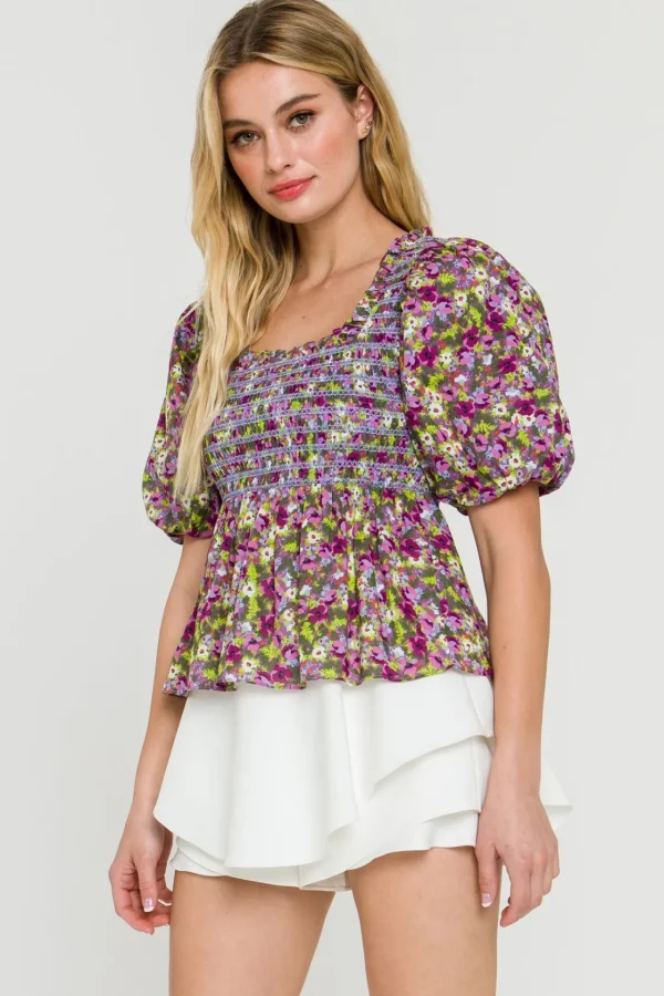 ENGLISH FACTORY Tops*- WOMEN WOVEN SQUARE NECK BLOUSE PURPLEMULTI