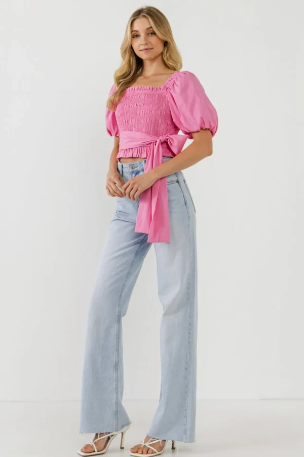 ENGLISH FACTORY Tops*- Women Woven Bow Tie Waist Blouse PINK
