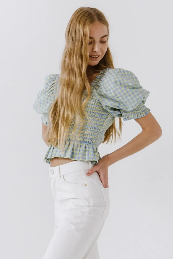 ENGLISH FACTORY Tops*- Women Woven Gingham Blouse BLUE/YELLOW