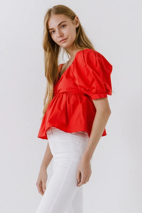 ENGLISH FACTORY Tops*- Women Woven Short Puff Sleeve Blouse