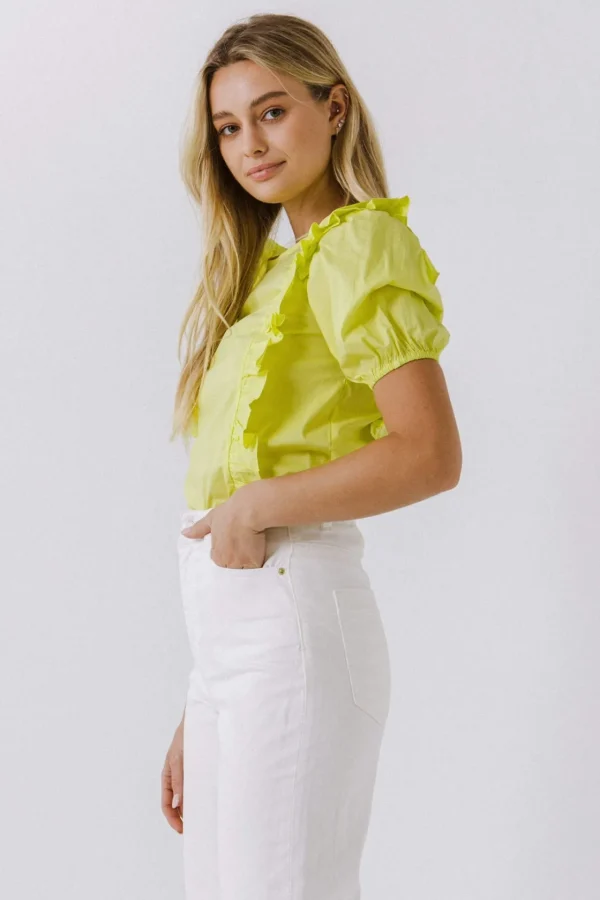 ENGLISH FACTORY Tops*- Women Woven Ruffled Bodice Blouse LIME