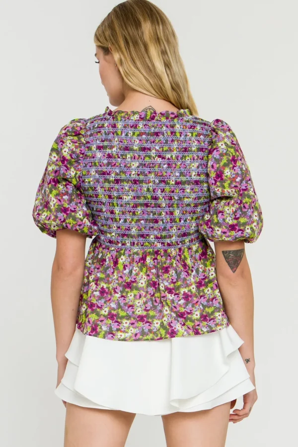 ENGLISH FACTORY Tops*- WOMEN WOVEN SQUARE NECK BLOUSE PURPLEMULTI