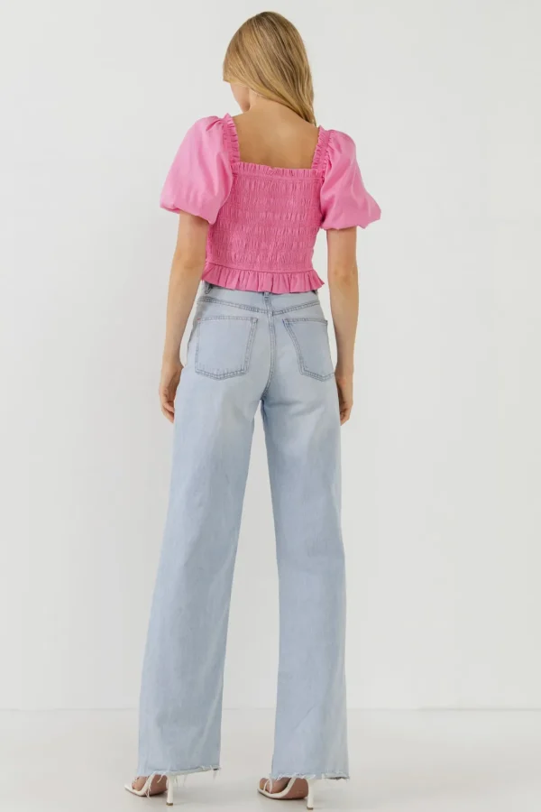 ENGLISH FACTORY Tops*- Women Woven Bow Tie Waist Blouse PINK