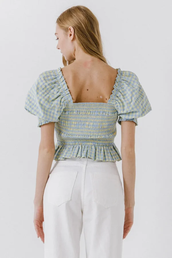 ENGLISH FACTORY Tops*- Women Woven Gingham Blouse BLUE/YELLOW