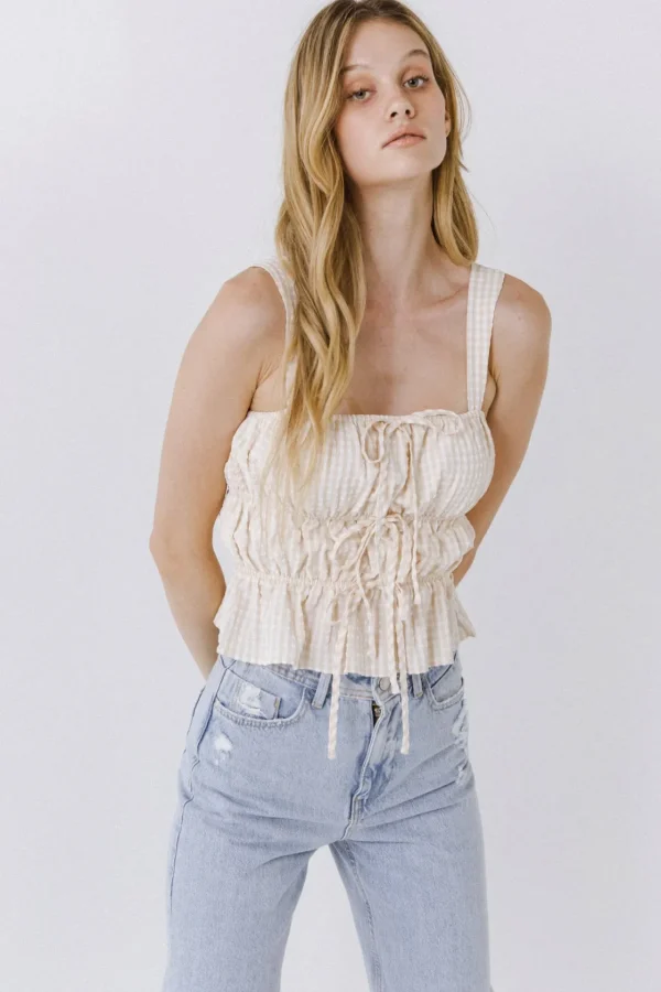ENGLISH FACTORY Tops*- Women Woven Sleeveless Shirred Blouse BEIGE