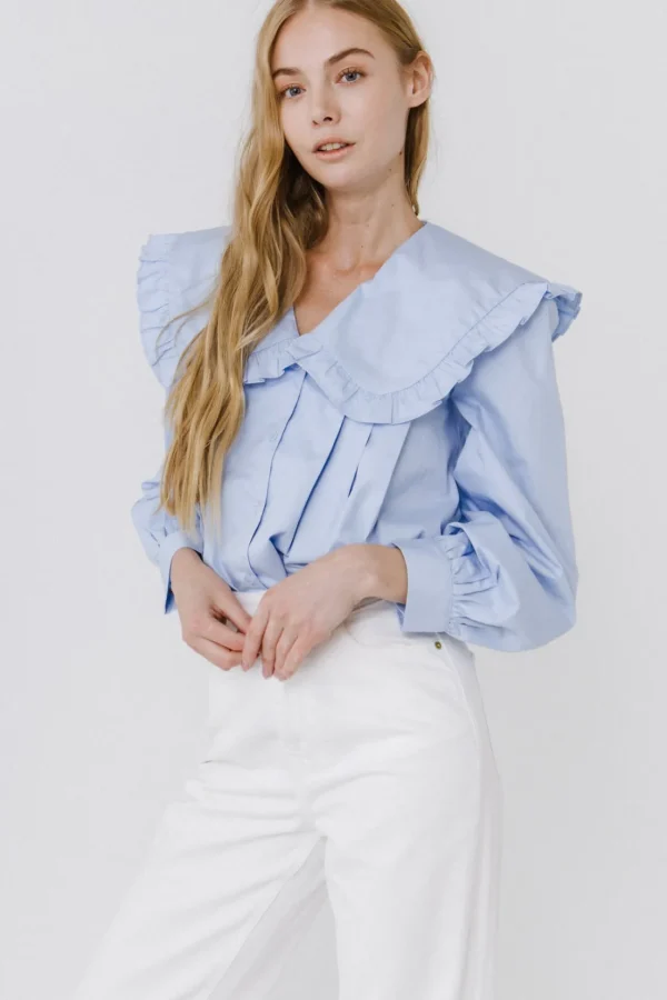 ENGLISH FACTORY Shirts & Blouses*- Women Woven Ruffled Collar Blouse POWDERBLUE