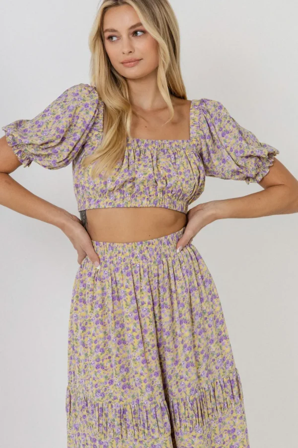 ENGLISH FACTORY Matching Sets | Tops*- Women Woven Floral Cropped Blouse YELLOW/PURPLE