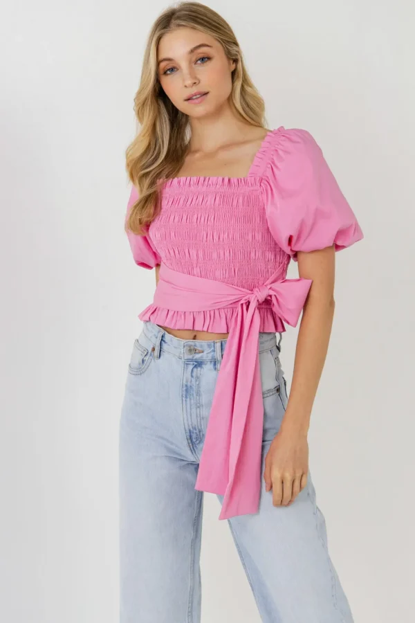 ENGLISH FACTORY Tops*- Women Woven Bow Tie Waist Blouse PINK