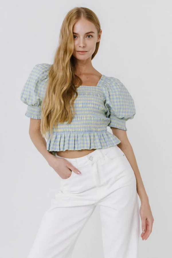 ENGLISH FACTORY Tops*- Women Woven Gingham Blouse BLUE/YELLOW