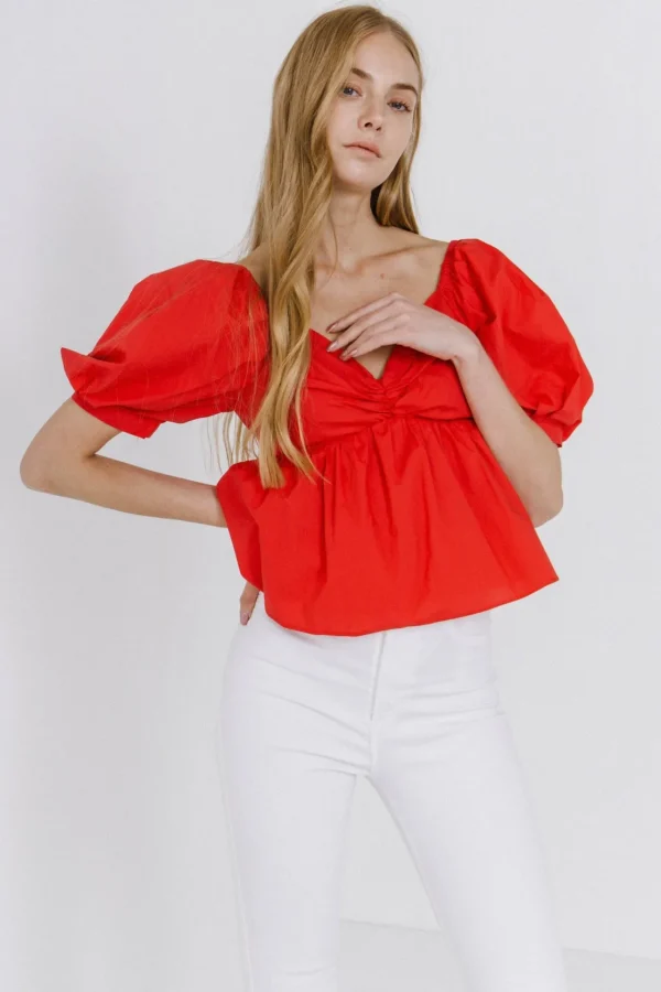 ENGLISH FACTORY Tops*- Women Woven Short Puff Sleeve Blouse
