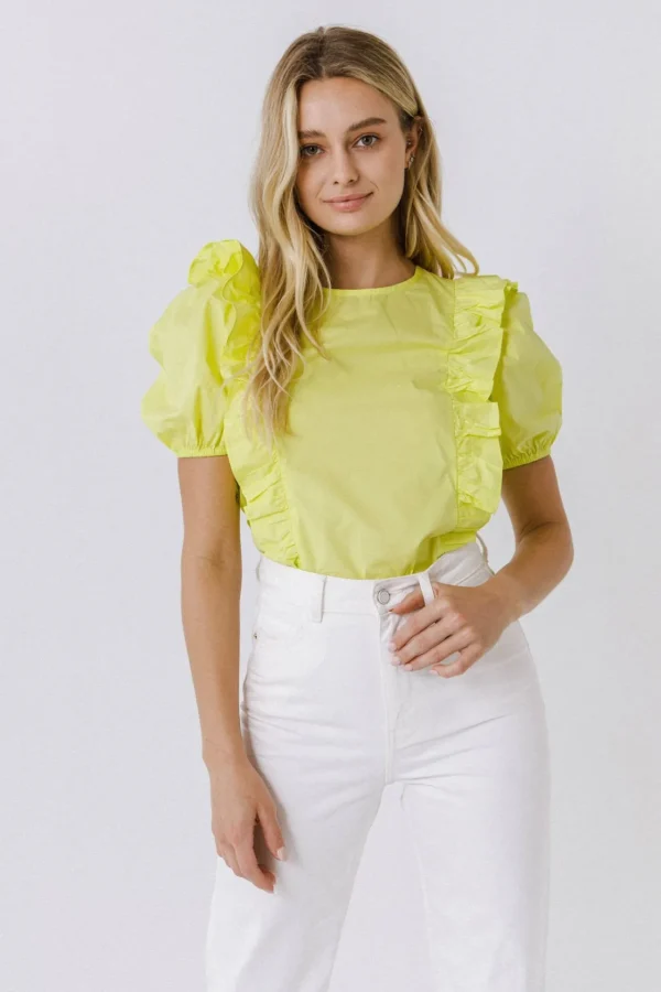 ENGLISH FACTORY Tops*- Women Woven Ruffled Bodice Blouse LIME