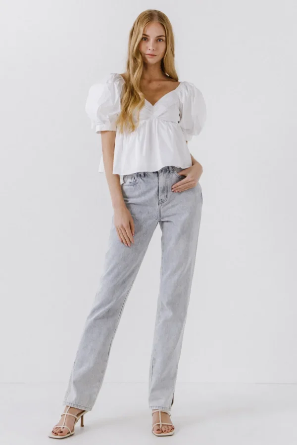 ENGLISH FACTORY Tops*- Women Woven Short Puff Sleeve Blouse