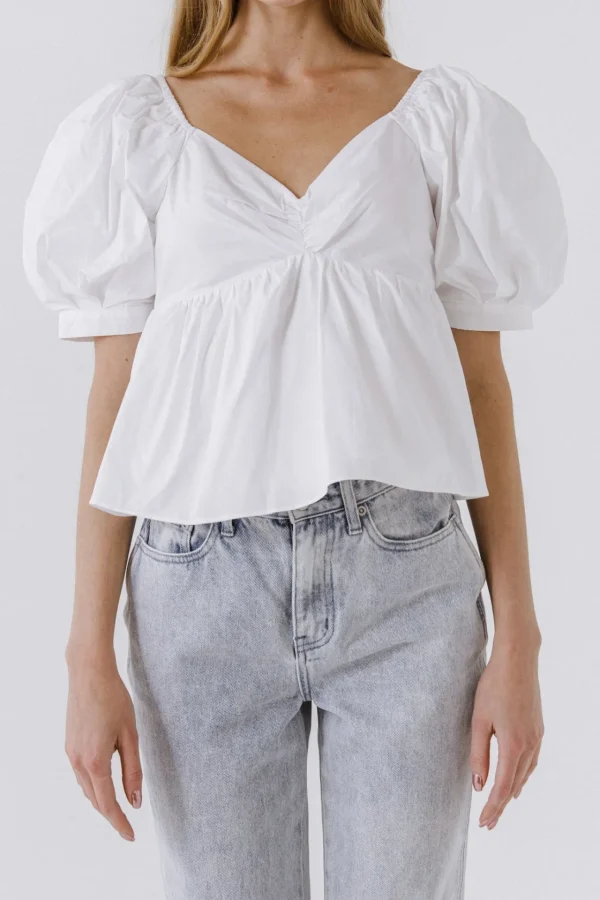 ENGLISH FACTORY Tops*- Women Woven Short Puff Sleeve Blouse