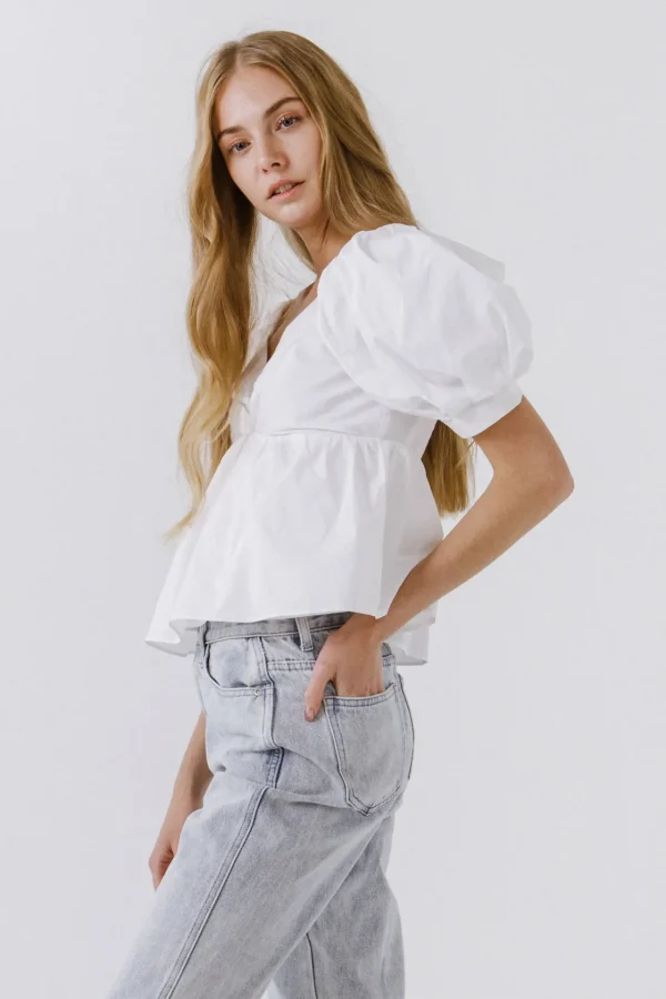 ENGLISH FACTORY Tops*- Women Woven Short Puff Sleeve Blouse