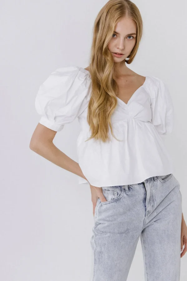 ENGLISH FACTORY Tops*- Women Woven Short Puff Sleeve Blouse