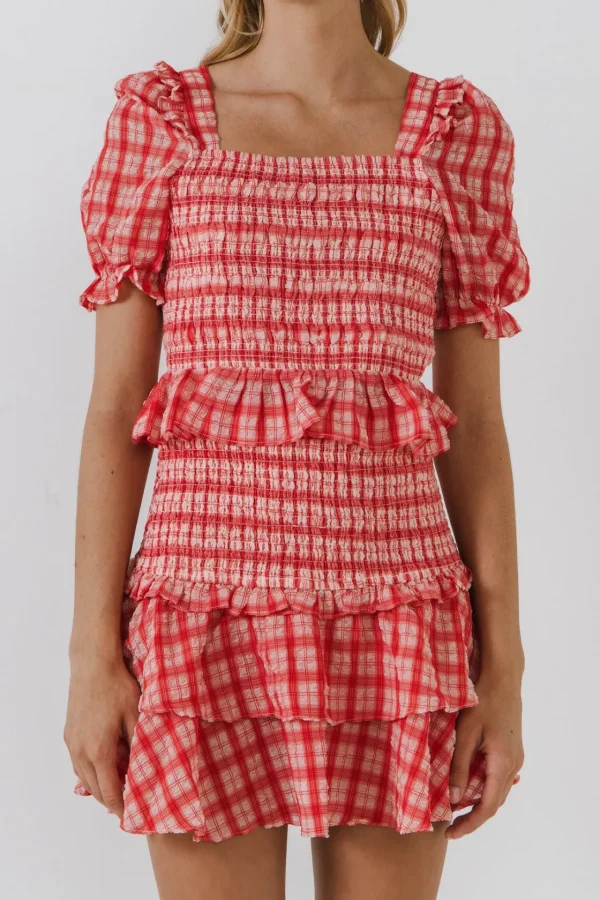 ENGLISH FACTORY Tops*- Women's Woven Square Neck Plaid Blouse RED