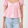 ENGLISH FACTORY Tops*- Women's Woven Puff Sleeve Peplum Blouse PINK