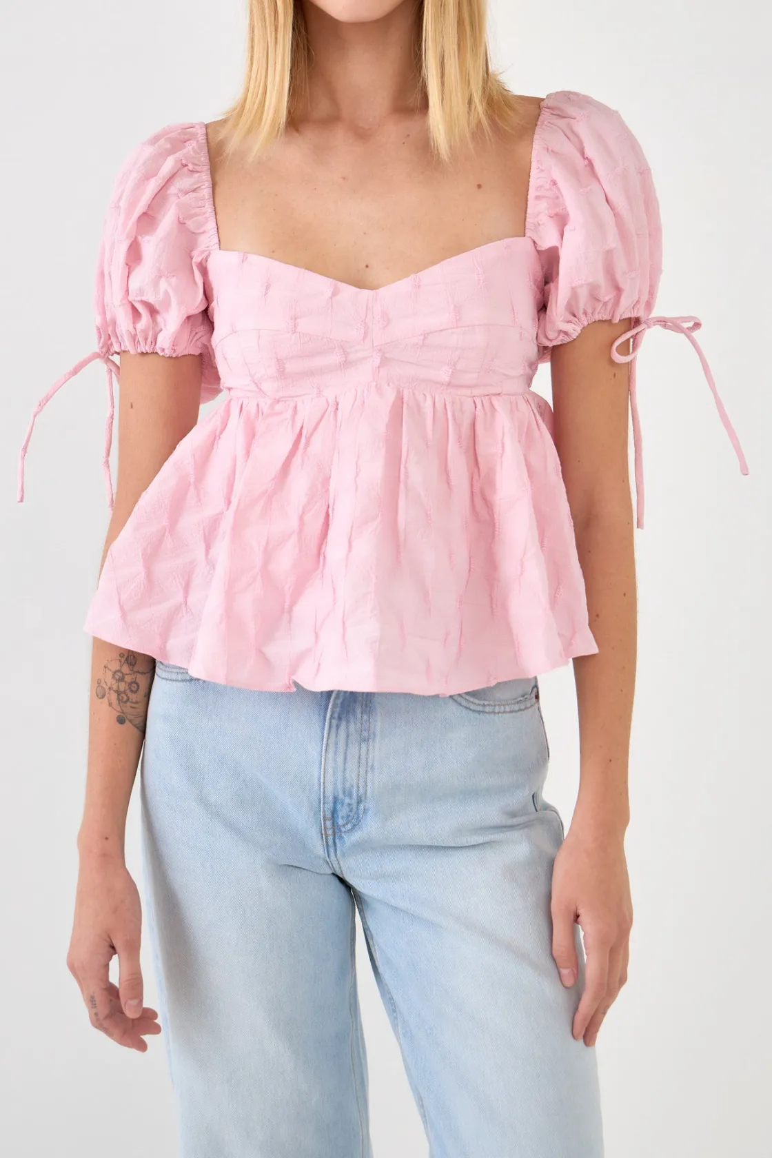 english_factory__womens_w_0-4.webp ENGLISH FACTORY Tops*- Women's Woven Puff Sleeve Peplum Blouse PINK