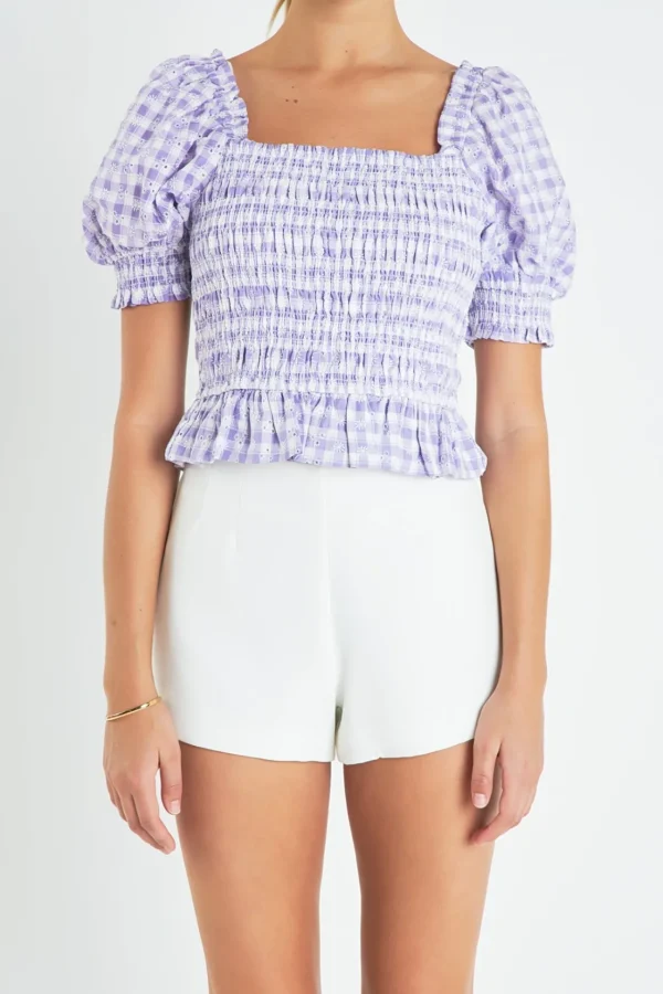 ENGLISH FACTORY Tops*- Women's Woven Square Neck Gingham Blouse PURPLE