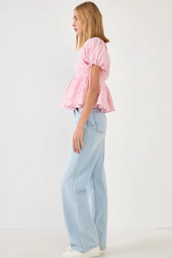 ENGLISH FACTORY Tops*- Women's Woven Puff Sleeve Peplum Blouse PINK