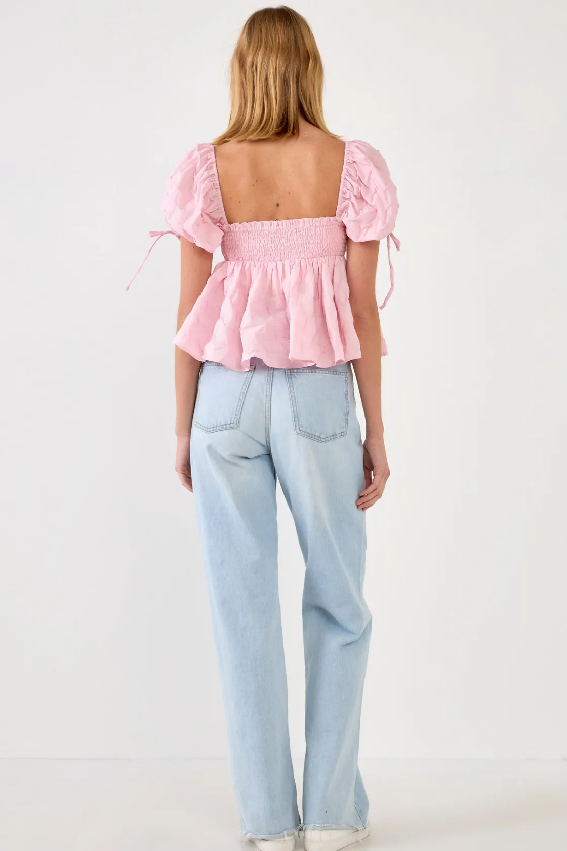 english_factory__womens_w_2-4.webp ENGLISH FACTORY Tops*- Women's Woven Puff Sleeve Peplum Blouse PINK