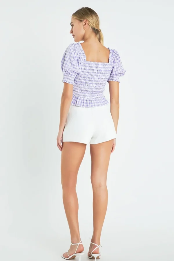ENGLISH FACTORY Tops*- Women's Woven Square Neck Gingham Blouse PURPLE