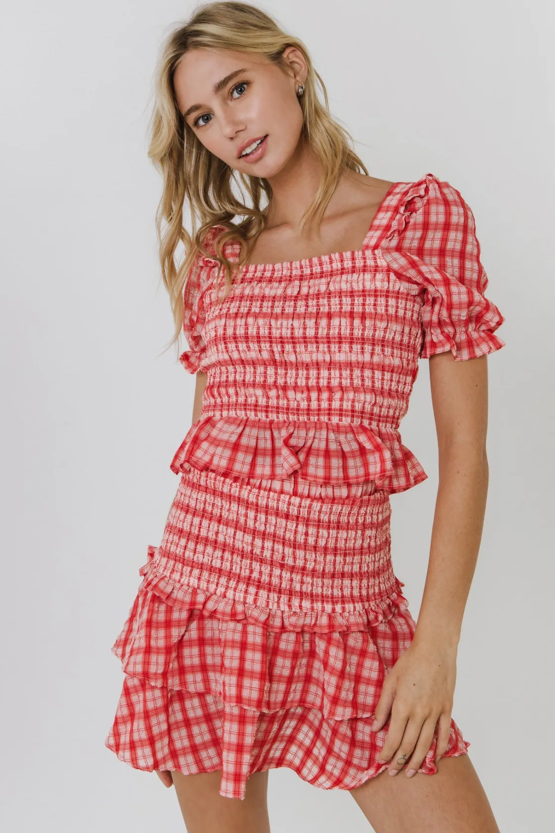 english_factory__womens_w_3-3.webp ENGLISH FACTORY Tops*- Women's Woven Square Neck Plaid Blouse RED