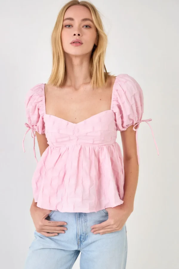 ENGLISH FACTORY Tops*- Women's Woven Puff Sleeve Peplum Blouse PINK