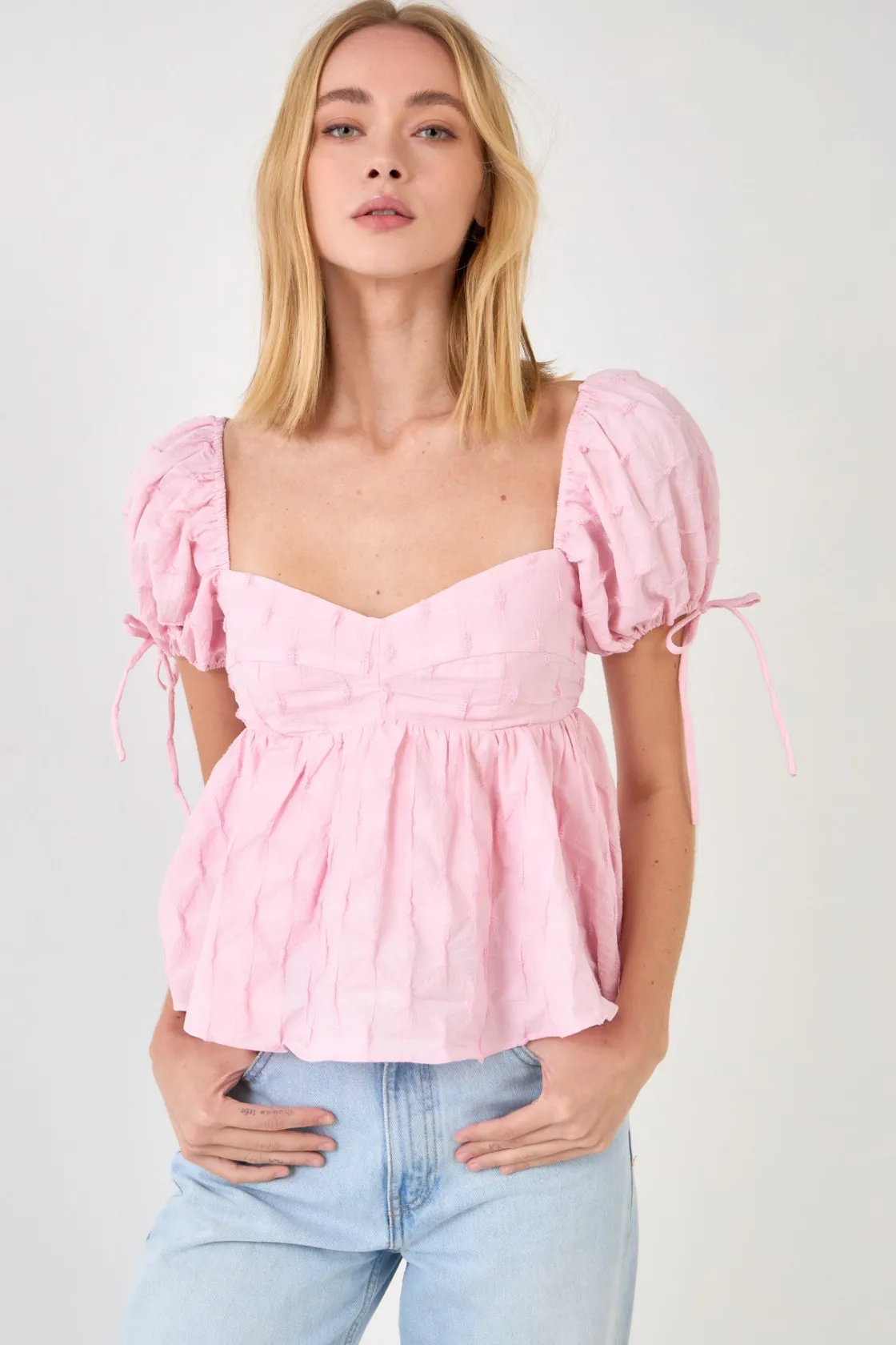 english_factory__womens_w_3-4.webp ENGLISH FACTORY Tops*- Women's Woven Puff Sleeve Peplum Blouse PINK