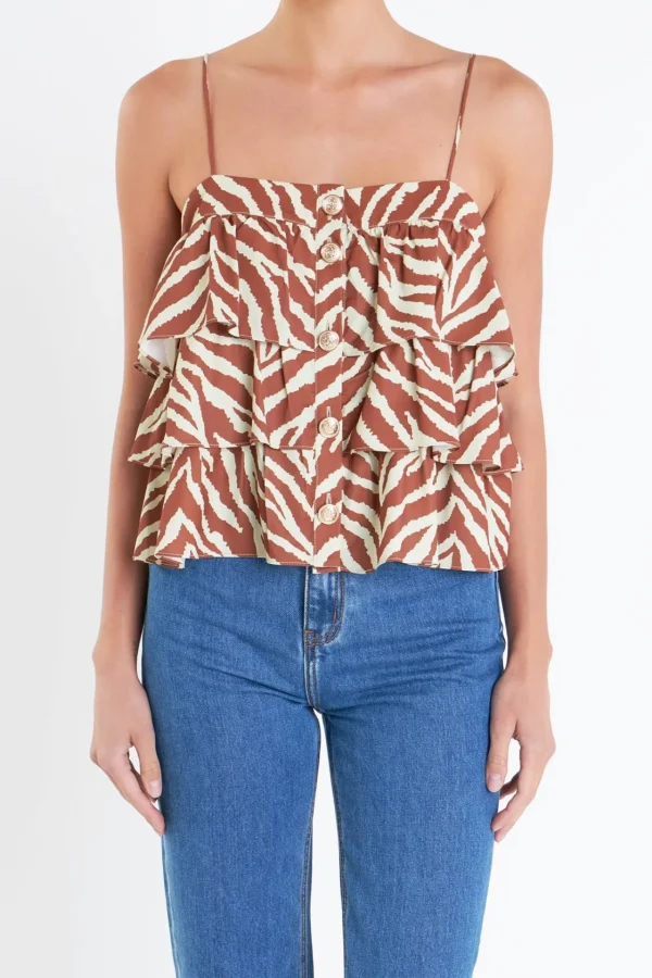 ENGLISH FACTORY Tops*- Zebra Print Sleeveless Top BROWNMULTI