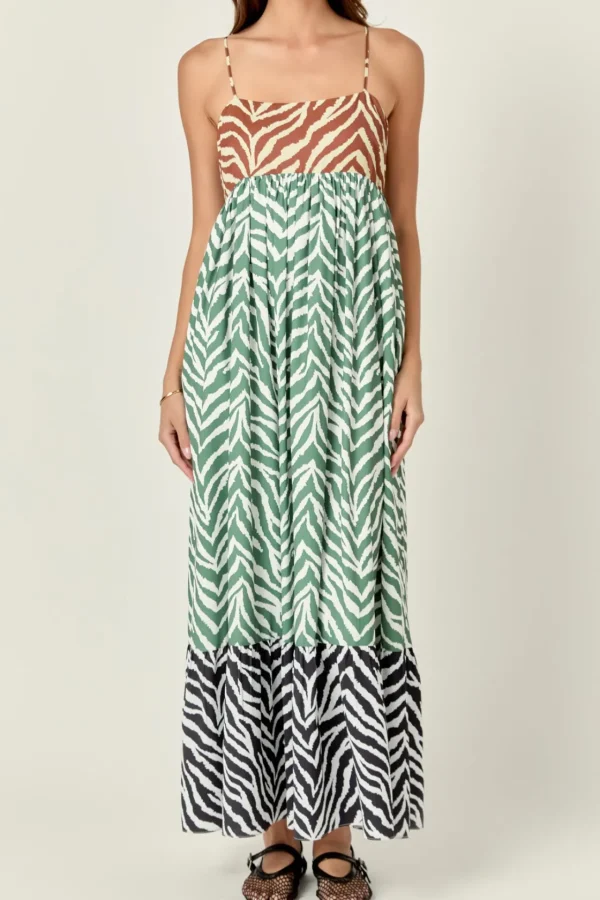 ENGLISH FACTORY Boho Dresses | Strapless*- Zebra Print Colorblocked Maxi Dress BROWNMULTI