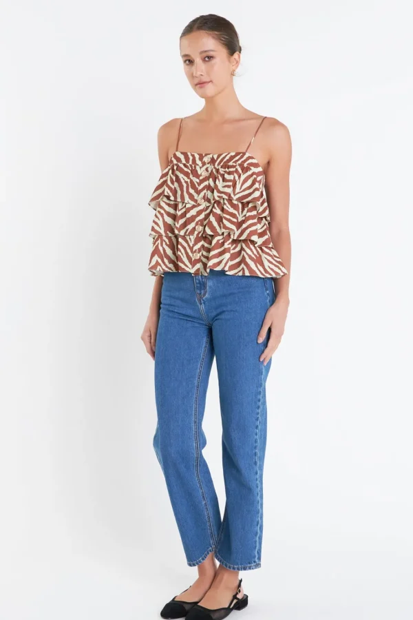 ENGLISH FACTORY Tops*- Zebra Print Sleeveless Top BROWNMULTI