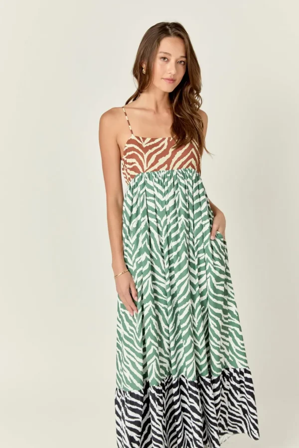 ENGLISH FACTORY Boho Dresses | Strapless*- Zebra Print Colorblocked Maxi Dress BROWNMULTI