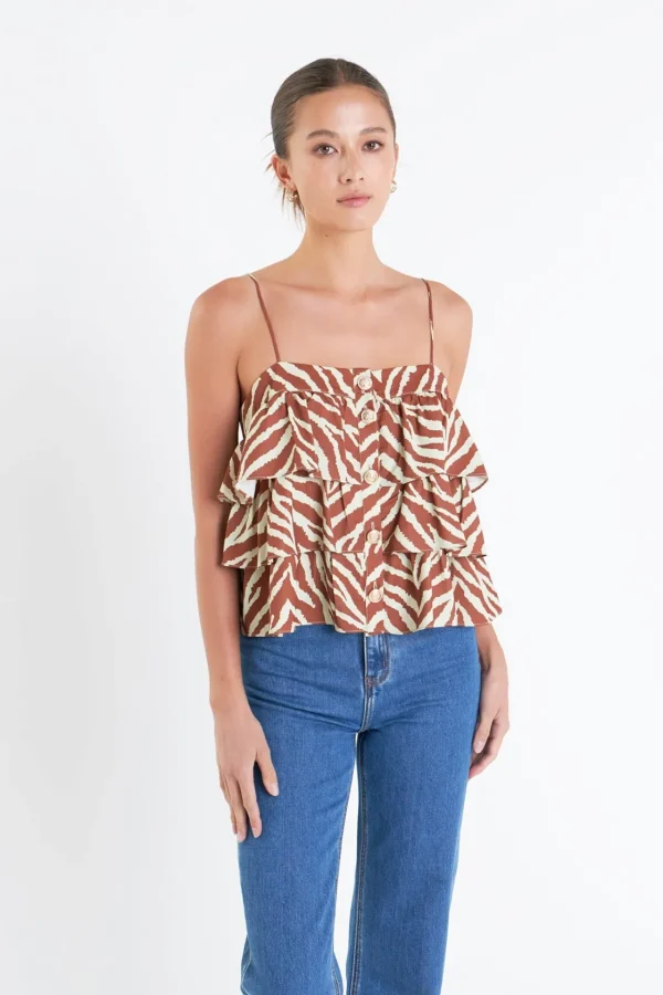 ENGLISH FACTORY Tops*- Zebra Print Sleeveless Top BROWNMULTI