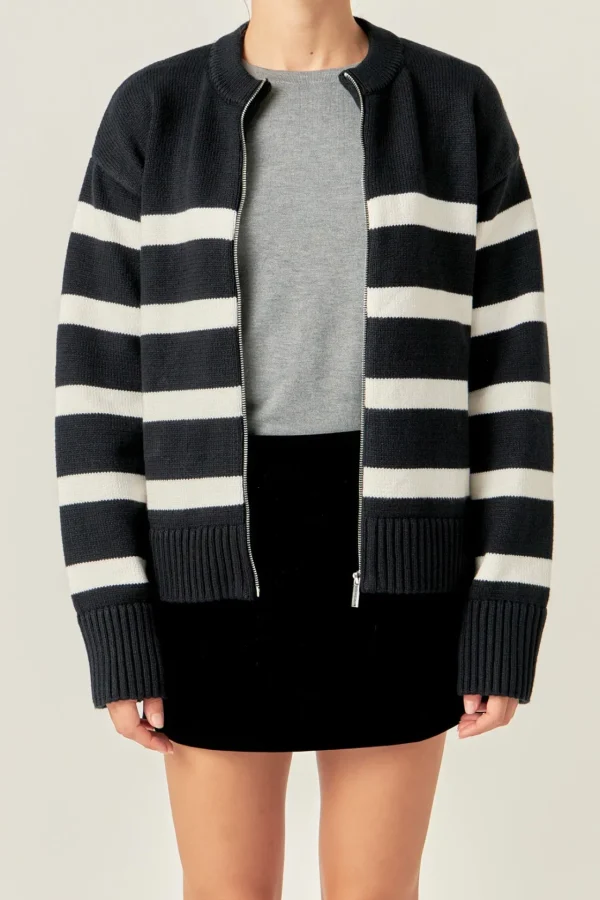 ENGLISH FACTORY Sweaters & Knits | Tops*- Zip Up Striped Sweater BLACK/IVORY