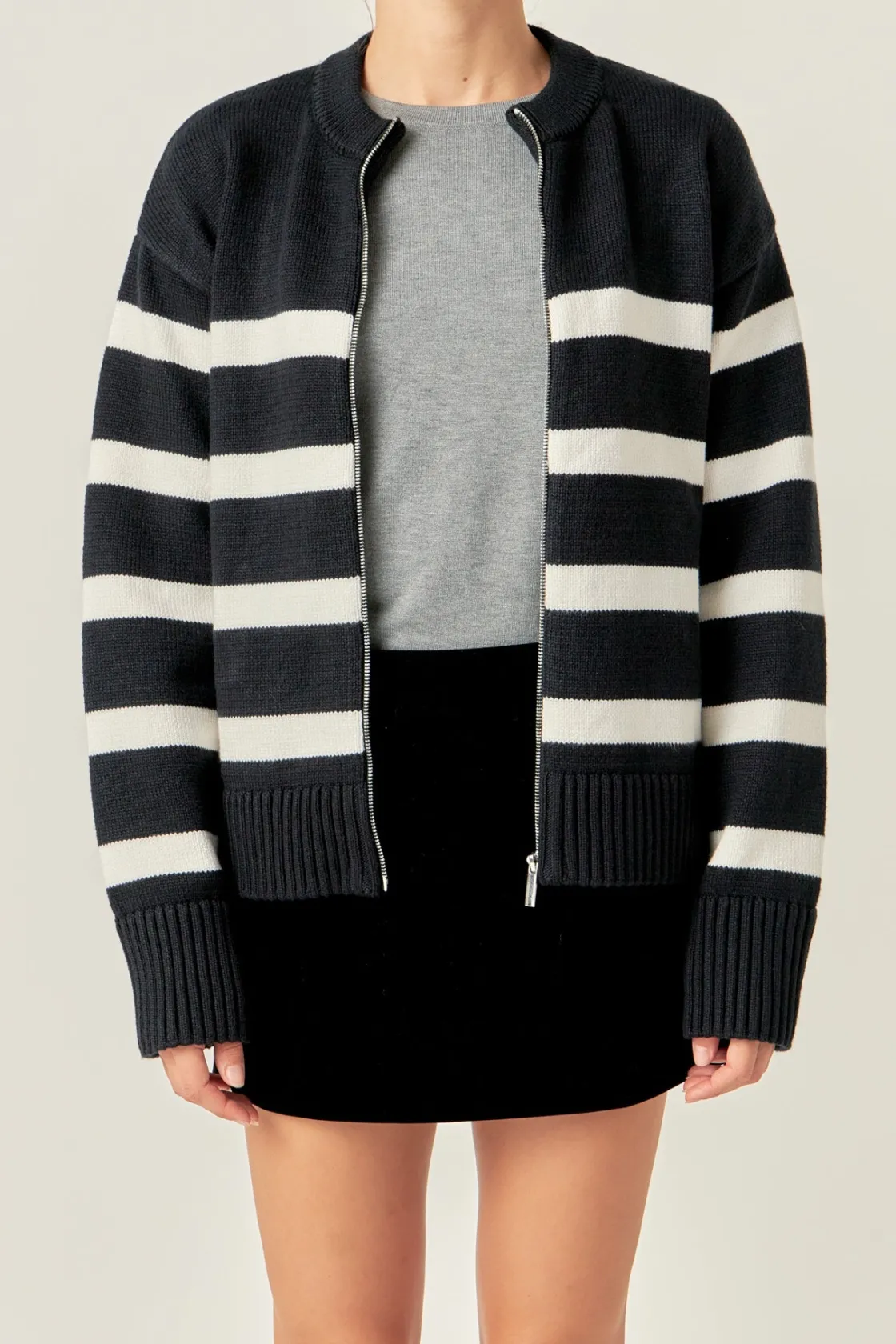 english_factory__zip_up_s_0.webp ENGLISH FACTORY Sweaters & Knits | Tops*- Zip Up Striped Sweater BLACK/IVORY