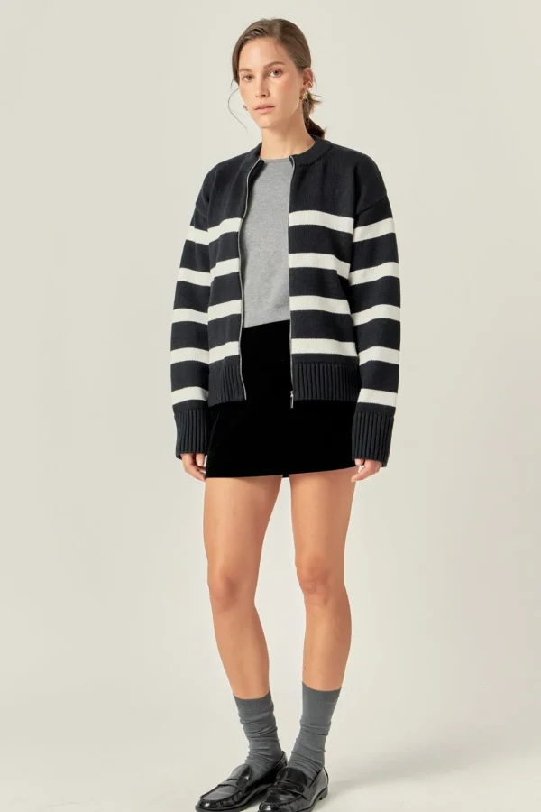 ENGLISH FACTORY Sweaters & Knits | Tops*- Zip Up Striped Sweater BLACK/IVORY