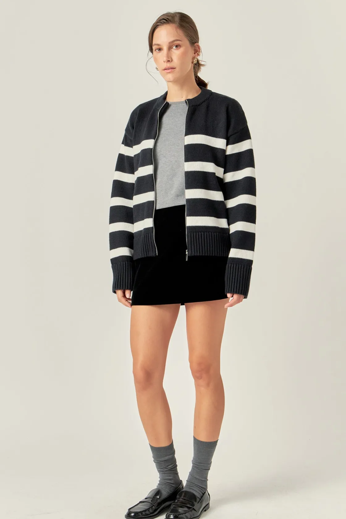english_factory__zip_up_s_1.webp ENGLISH FACTORY Sweaters & Knits | Tops*- Zip Up Striped Sweater BLACK/IVORY