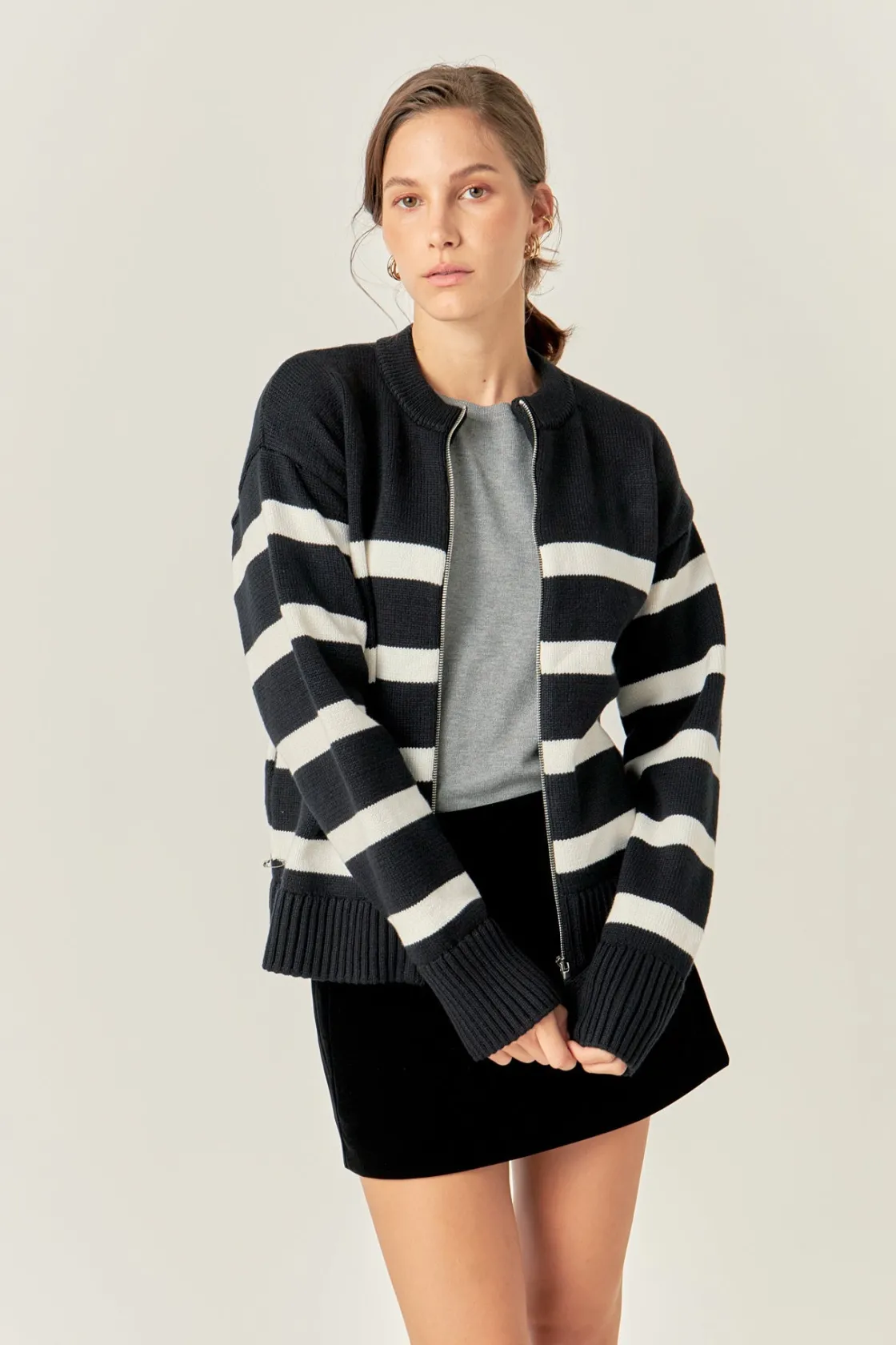 english_factory__zip_up_s_3.webp ENGLISH FACTORY Sweaters & Knits | Tops*- Zip Up Striped Sweater BLACK/IVORY