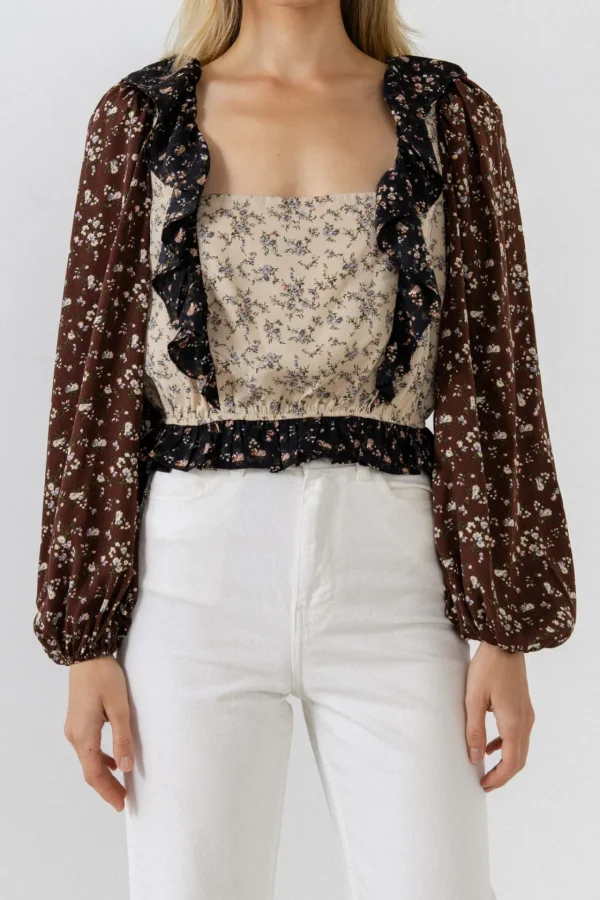 FREE THE ROSES Tops*Floral Color Block Top MULTI