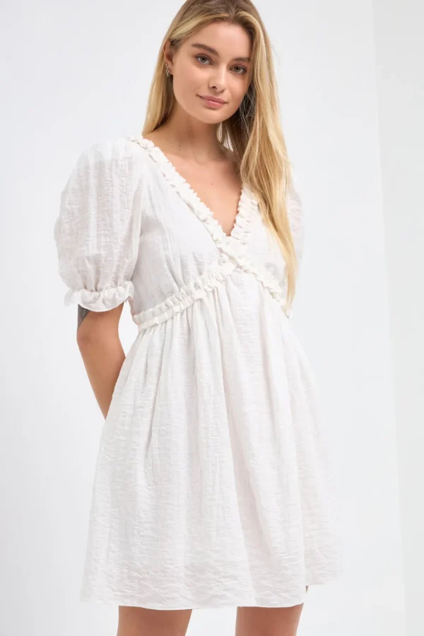 FREE THE ROSES White Dresses | Puff Sleeve*Free The Rose - Double Ruffled Band Mini Puff Sleeve Dress