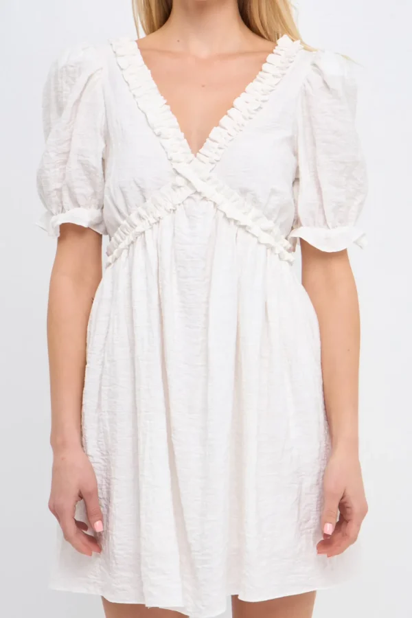 FREE THE ROSES White Dresses | Puff Sleeve*Free The Rose - Double Ruffled Band Mini Puff Sleeve Dress