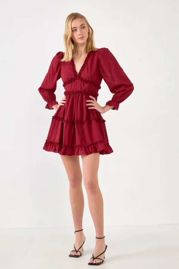 FREE THE ROSES Boho Dresses | Tops*Free The Rose - Ruffle Detail Mini Dress BURGUNDY